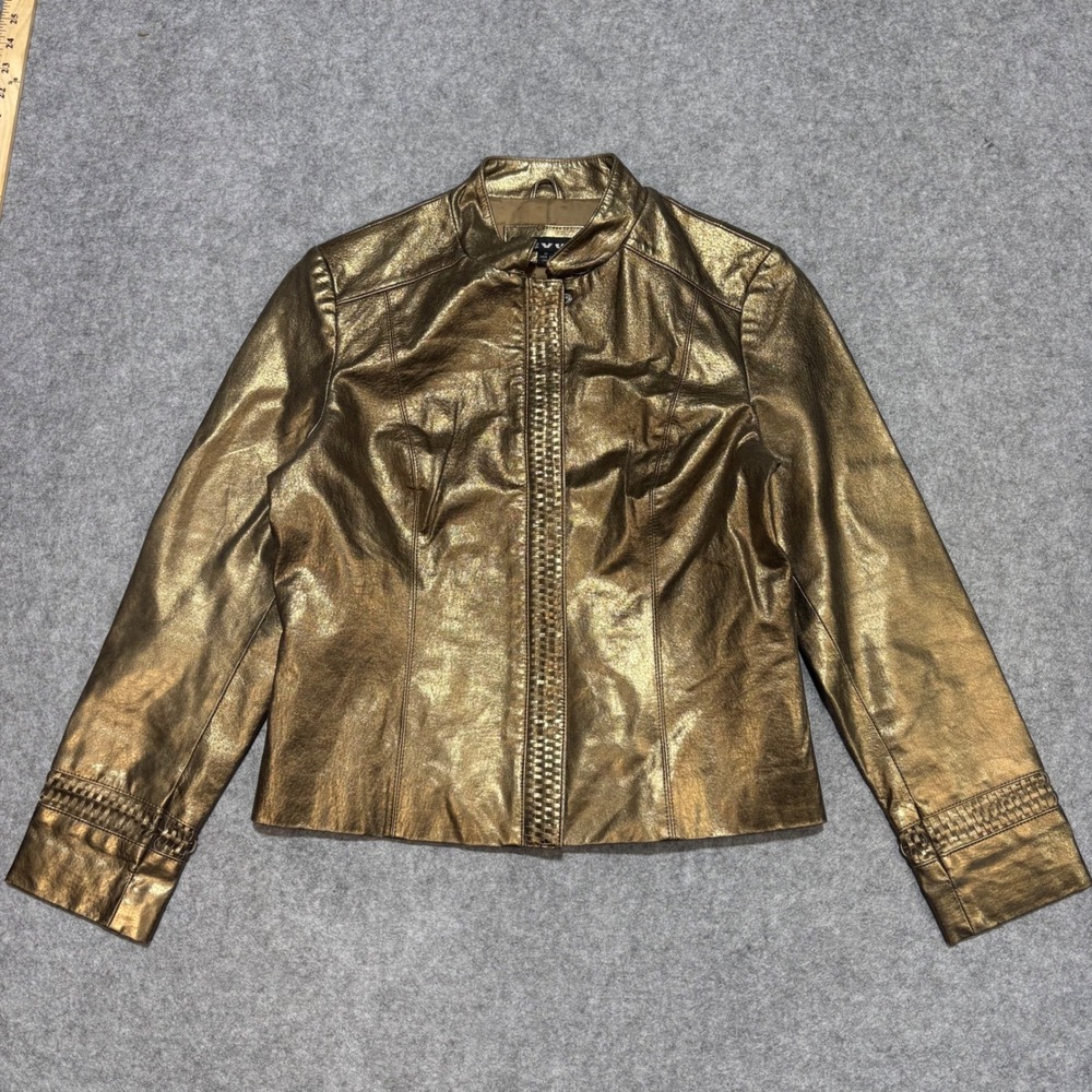Revue Womens Gold Metallic‎ Leather Jacket Mandarin Collar Woven Detail Size M